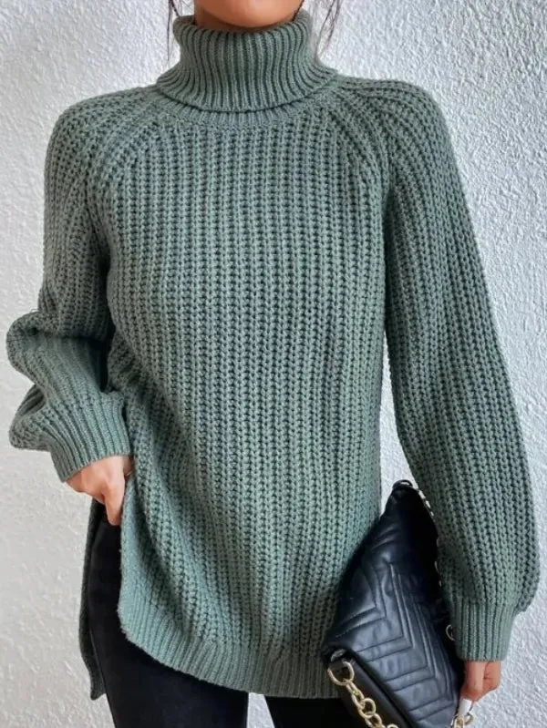 Raglan-sleeve Heidi turtleneck sweater, split hem