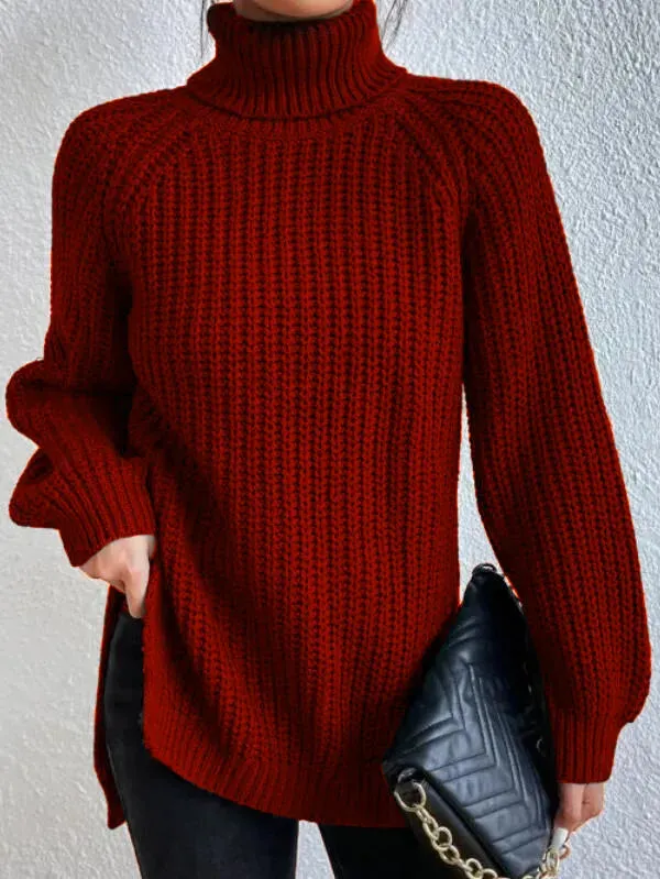 Raglan-sleeve Heidi turtleneck sweater, split hem