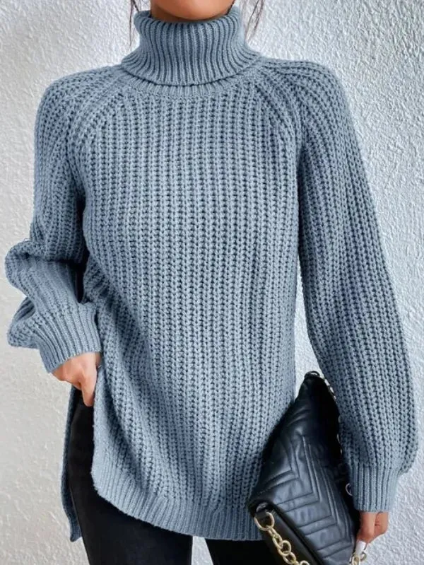 Raglan-sleeve Heidi turtleneck sweater, split hem