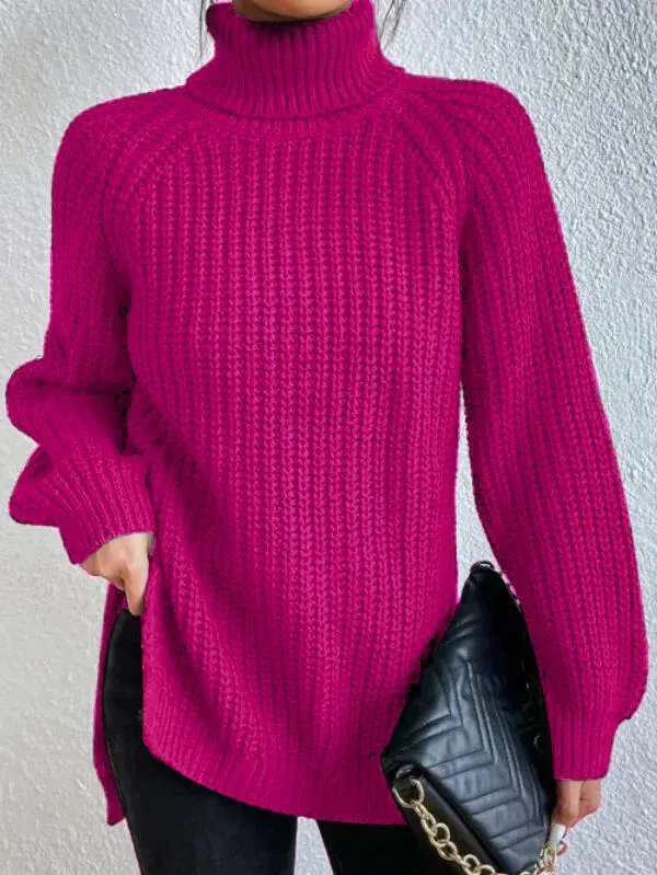 Raglan-sleeve Heidi turtleneck sweater, split hem