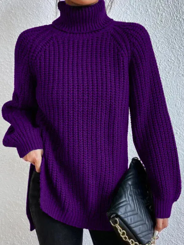 Raglan-sleeve Heidi turtleneck sweater, split hem