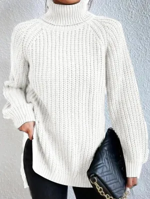 Raglan-sleeve Heidi turtleneck sweater, split hem