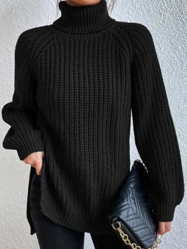 Raglan-sleeve Heidi turtleneck sweater, split hem