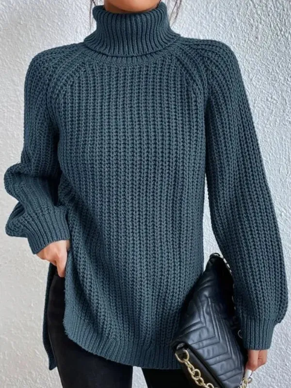 Raglan-sleeve Heidi turtleneck sweater, split hem