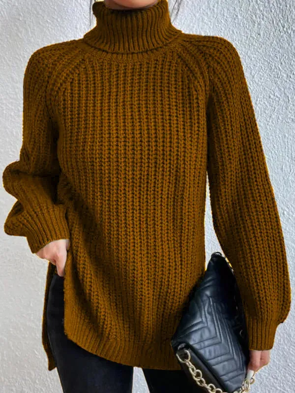 Raglan-sleeve Heidi turtleneck sweater, split hem