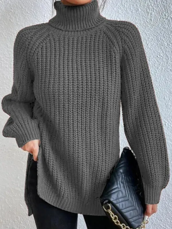Raglan-sleeve Heidi turtleneck sweater, split hem