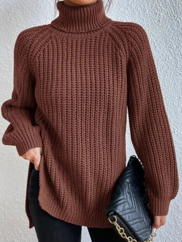Raglan-sleeve Heidi turtleneck sweater, split hem