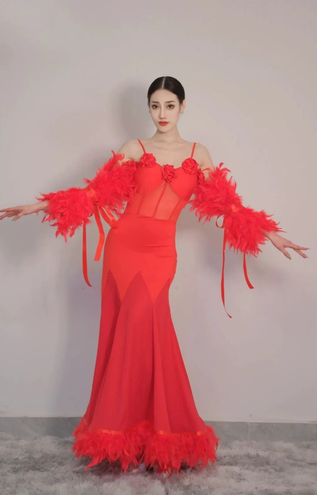 Red Feather Ballroom Dance Dresses for Women Girls Waltz Tango Foxtrot Smooth Dance Skirt National Rhythm Standard Dance Long Gown