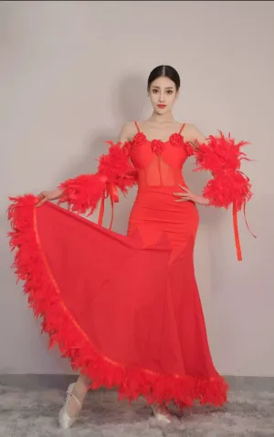 Red Feather Ballroom Dance Dresses for Women Girls Waltz Tango Foxtrot Smooth Dance Skirt National Rhythm Standard Dance Long Gown