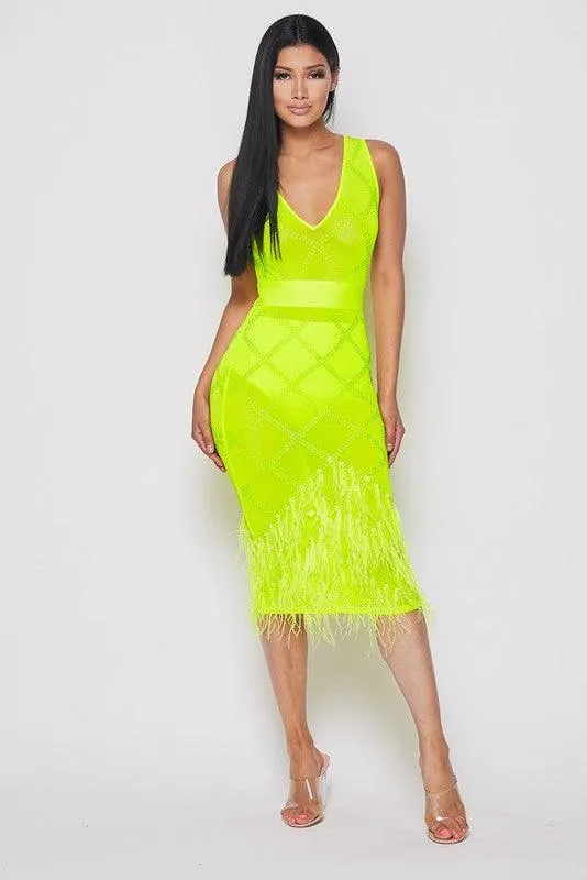 RHINESTONE AND PERALS DRESS WITH FEATHERS
