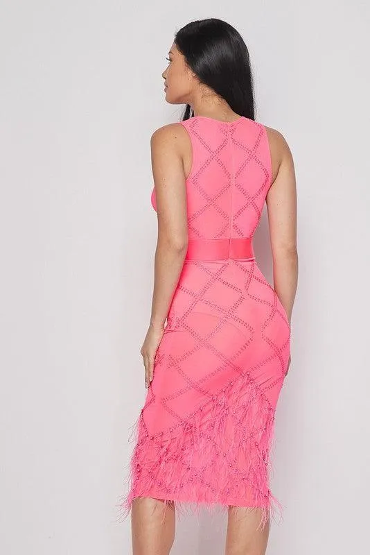 RHINESTONE AND PERALS DRESS WITH FEATHERS