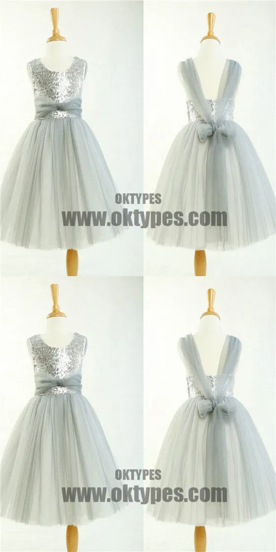 Round Neck Silver Sequin Tulle Pretty Little Girl Dresses For Wedding Party, Flower Girl Dresses, TYP0525