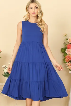ROUND NECK SLEEVELESS TIERED SOLID DRESS
