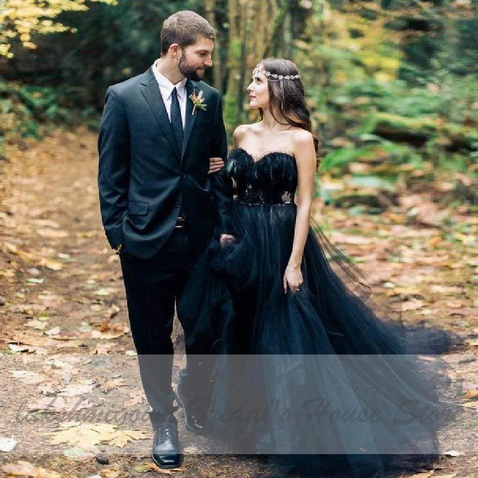 Roycebridal Gothic Black Feather Wedding Dress Lace Up Back Off Shoulder