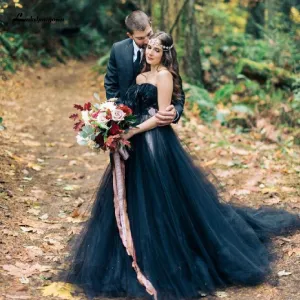 Roycebridal Gothic Black Feather Wedding Dress Lace Up Back Off Shoulder