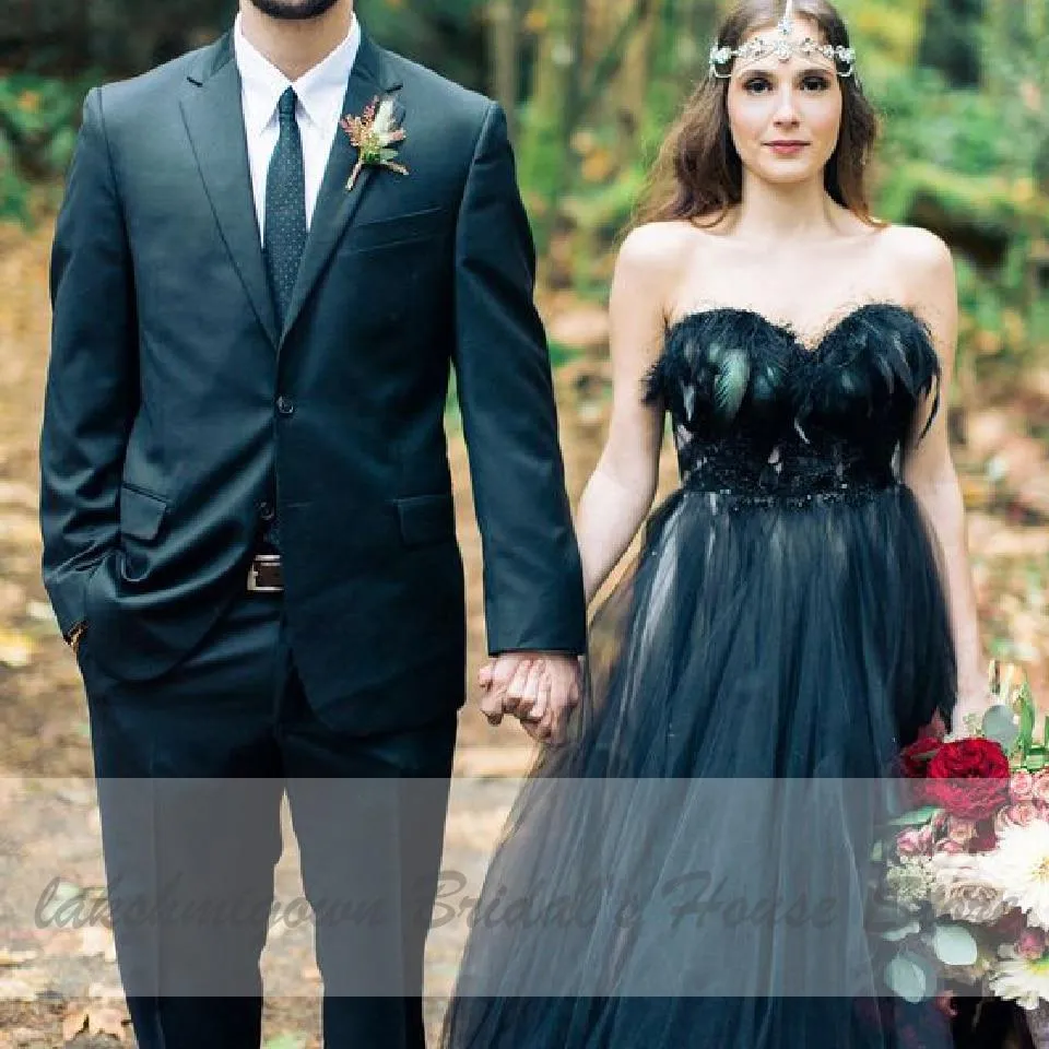 Roycebridal Gothic Black Feather Wedding Dress Lace Up Back Off Shoulder
