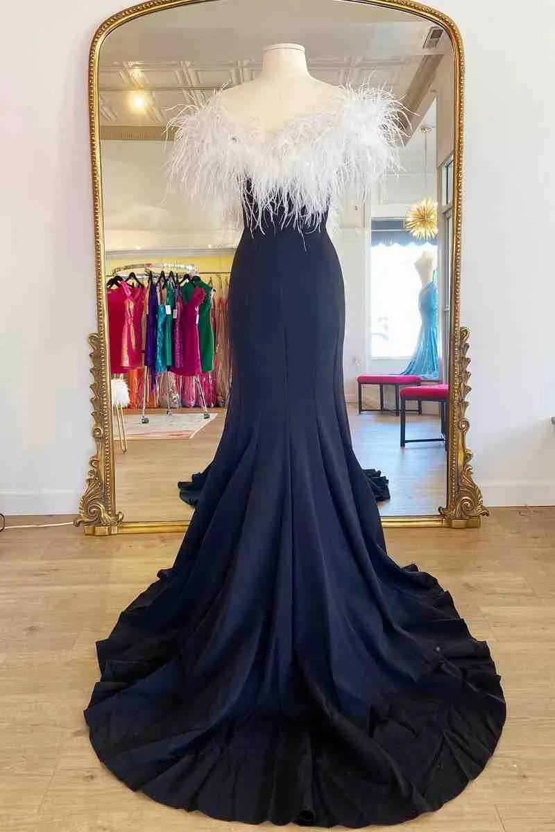 Roycebridal Sophia | Long Black High Slit Prom Dress with White Feather