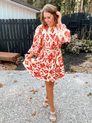 Rust Ikat Flutter Hem Dress with Waist Tie