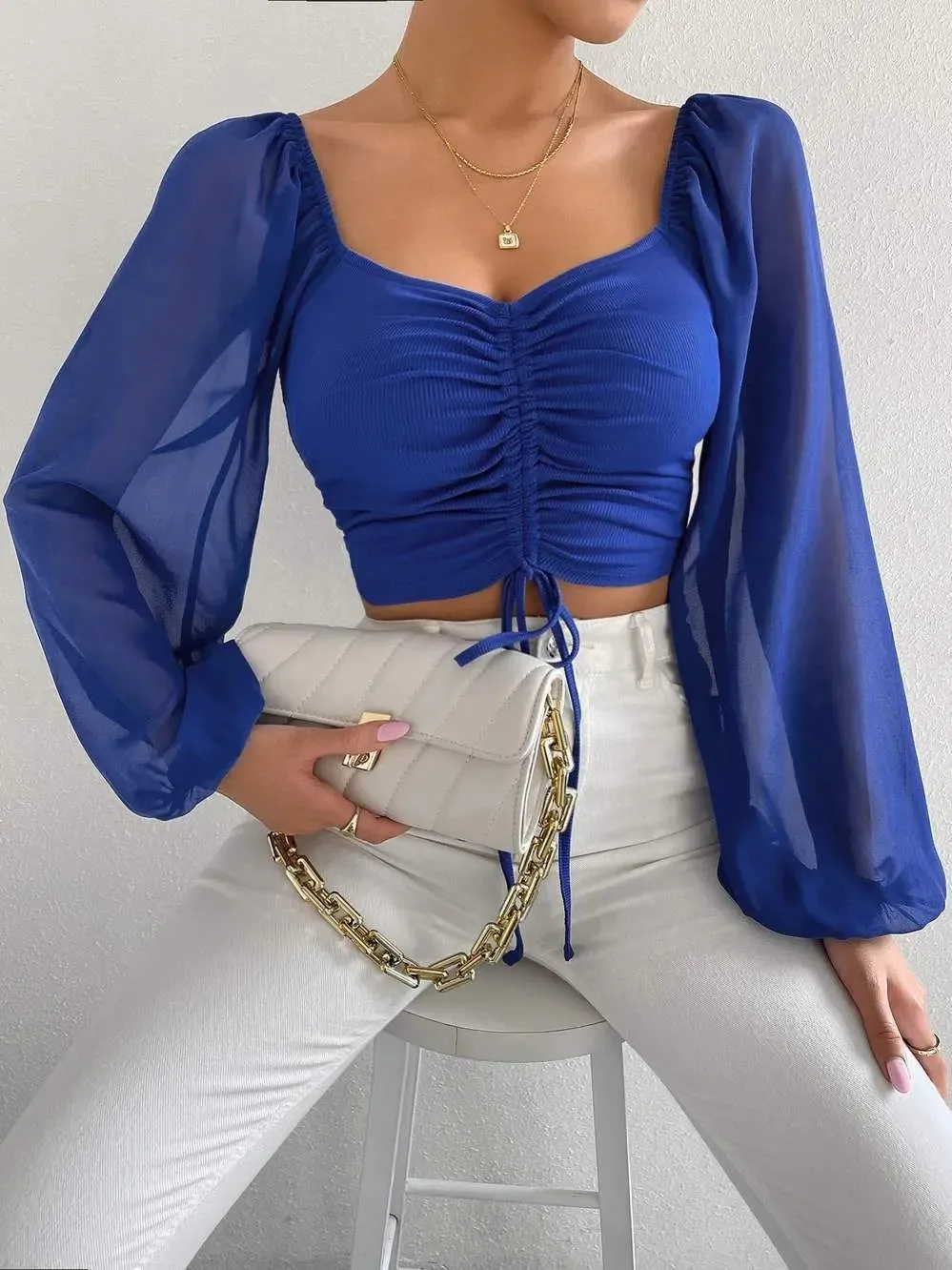 Ruth | Elegant Gathered Long Sleeve Crop Top for Spring