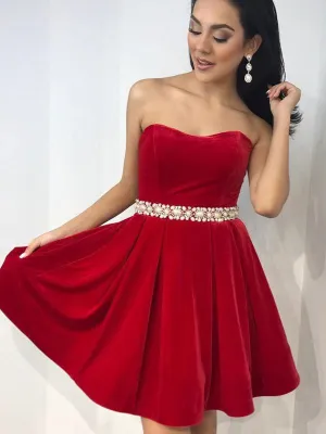 Scoop Red Simple Pearls Beaded Belt Cheap Short Homecoming Dresses Online, CM593