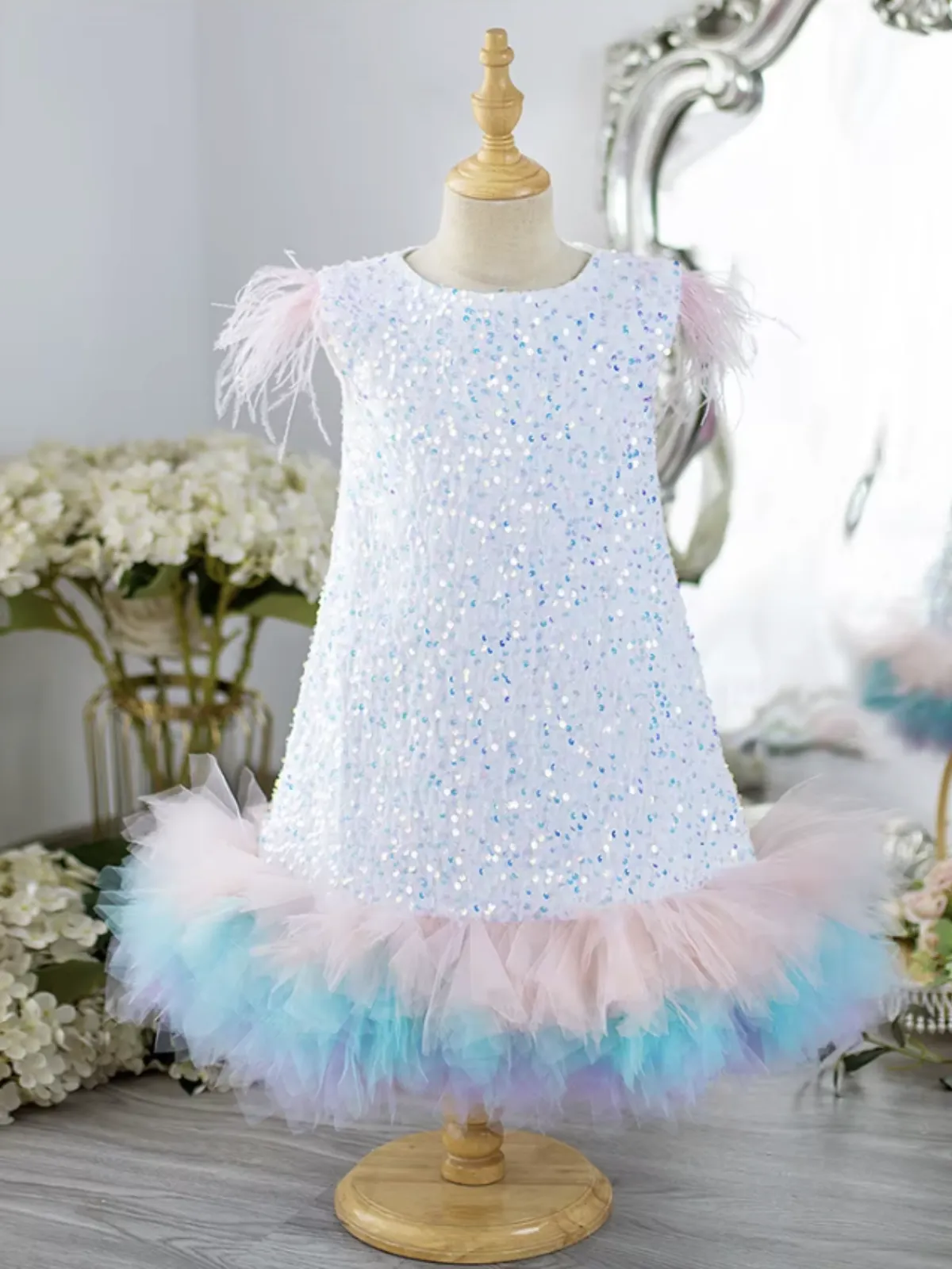Sequin Feather Tulle Party Dress