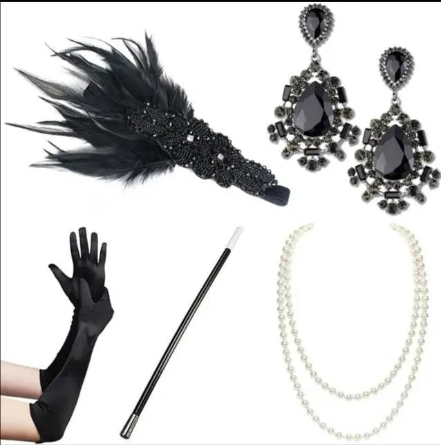 Set Flapper Gatsby, 20's rhinestone pearls art deco headband 1920's Headpiece fascinator, Bridal Headband, earrings, gloves, necklace