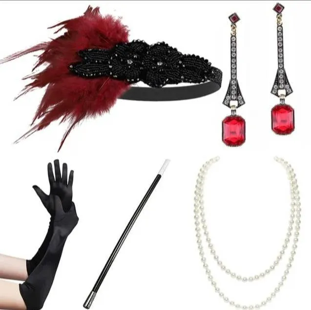 Set Flapper Gatsby, 20's rhinestone pearls art deco headband 1920's Headpiece fascinator, Bridal Headband, earrings, gloves, necklace