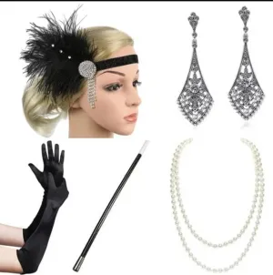 Set Flapper Gatsby, 20's rhinestone pearls art deco headband 1920's Headpiece fascinator, Bridal Headband, earrings, gloves, necklace