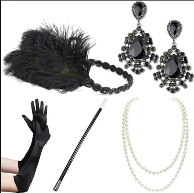 Set Flapper Gatsby, 20's rhinestone pearls art deco headband 1920's Headpiece fascinator, Bridal Headband, earrings, gloves, necklace