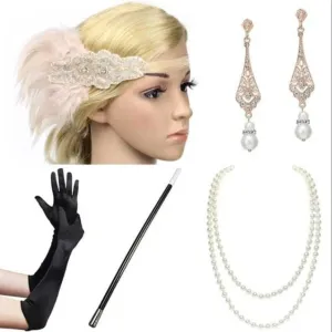 Set Flapper Gatsby, 20's rhinestone pearls art deco headband 1920's Headpiece fascinator, Bridal Headband, earrings, gloves, necklace