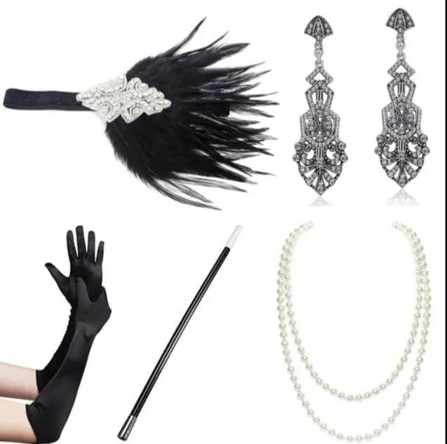 Set Flapper Gatsby, 20's rhinestone pearls art deco headband 1920's Headpiece fascinator, Bridal Headband, earrings, gloves, necklace