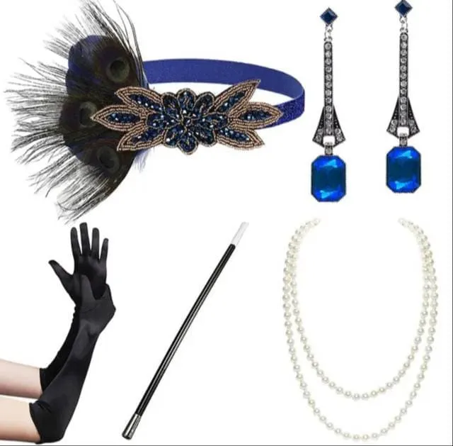 Set Flapper Gatsby, 20's rhinestone pearls art deco headband 1920's Headpiece fascinator, Bridal Headband, earrings, gloves, necklace