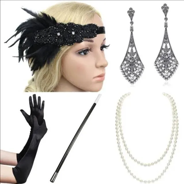 Set Flapper Gatsby, 20's rhinestone pearls art deco headband 1920's Headpiece fascinator, Bridal Headband, earrings, gloves, necklace