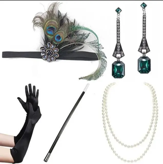 Set Flapper Gatsby, 20's rhinestone pearls art deco headband 1920's Headpiece fascinator, Bridal Headband, earrings, gloves, necklace