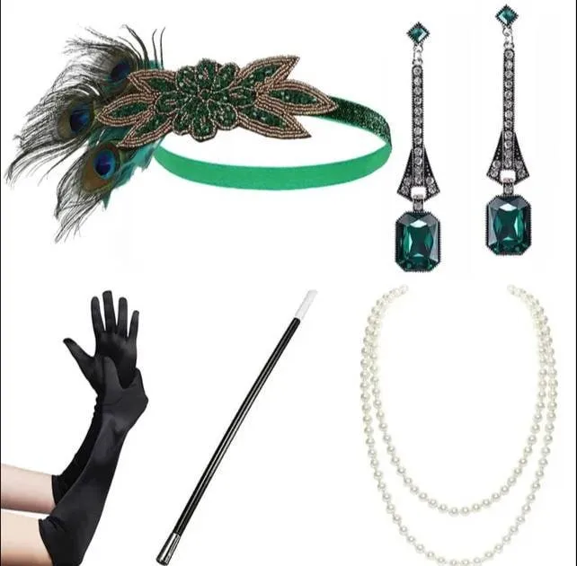 Set Flapper Gatsby, 20's rhinestone pearls art deco headband 1920's Headpiece fascinator, Bridal Headband, earrings, gloves, necklace