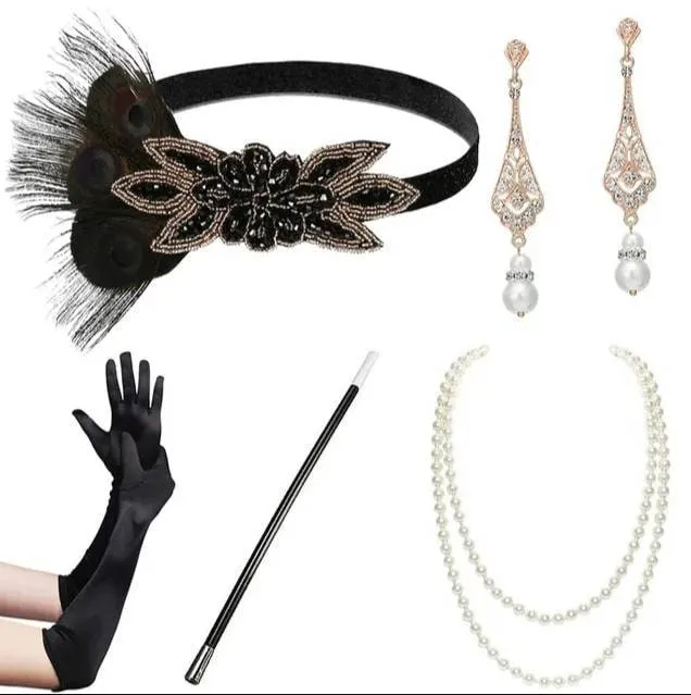 Set Flapper Gatsby, 20's rhinestone pearls art deco headband 1920's Headpiece fascinator, Bridal Headband, earrings, gloves, necklace