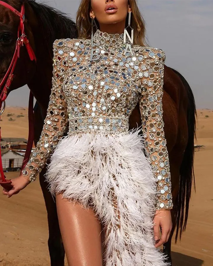 Sexy High Split Sequin Feather Asymmetry Dress