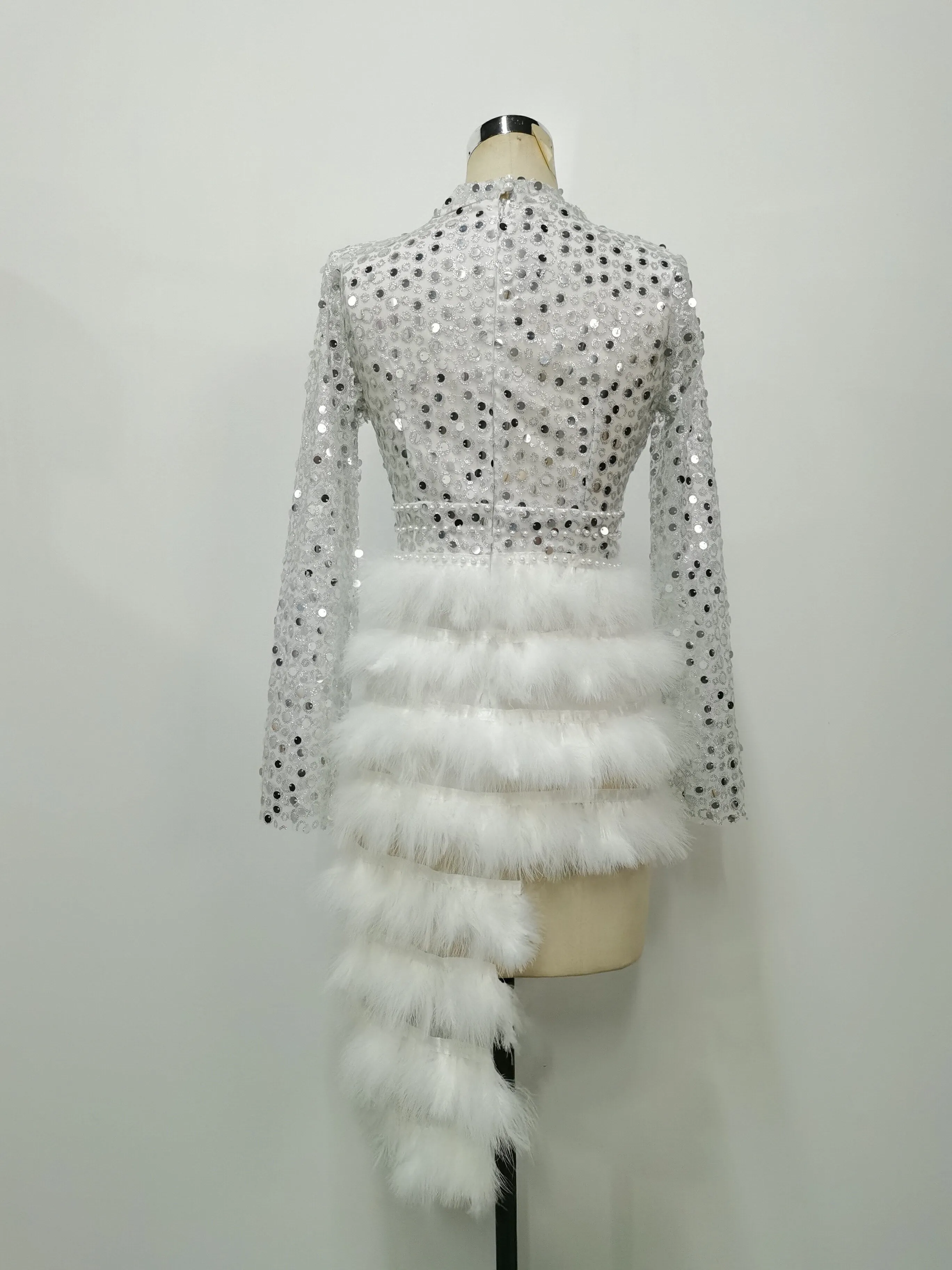 Sexy High Split Sequin Feather Asymmetry Dress