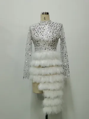 Sexy High Split Sequin Feather Asymmetry Dress