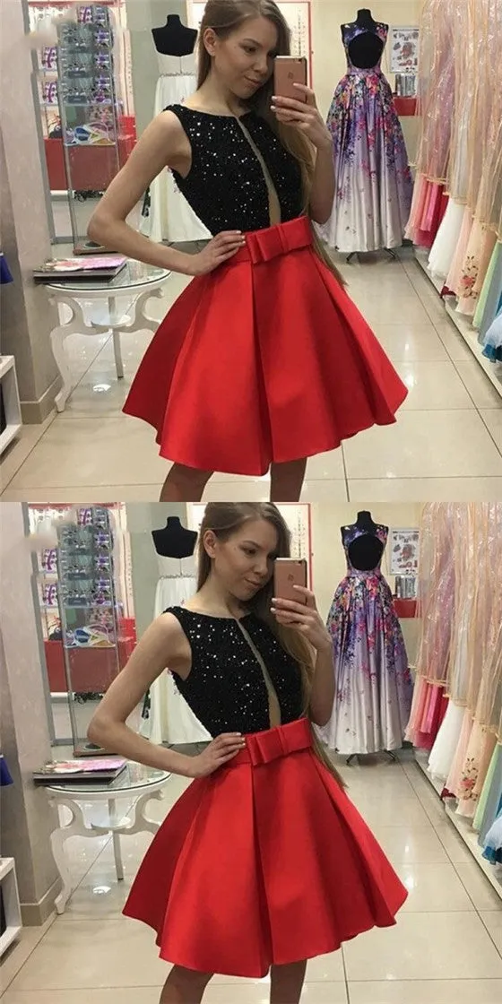 Sexy Jewel Red Satin Short Cheap Homecoming Dresses with Sequins & Bow Knot, QB0185