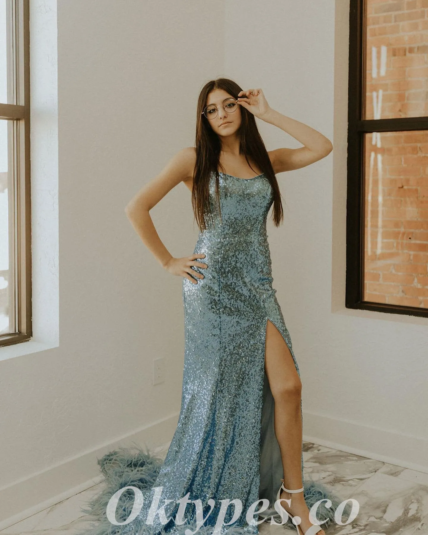 Sexy Sequin Spaghetti Straps Sleeveless Side Slit Mermaid Long Prom Dresses With Feather,PDS0807