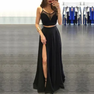 Sexy Split Tulle Chiffon Black Two Piece Prom Dresses