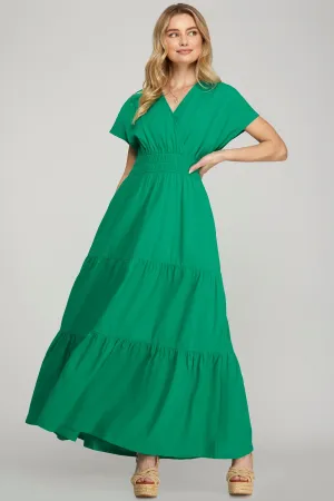 She   Sky Surplice Short Sleeve Tiered Maxi Dress With Pockets