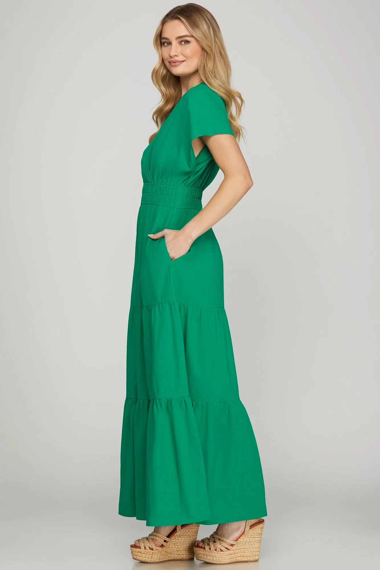 She   Sky Surplice Short Sleeve Tiered Maxi Dress With Pockets