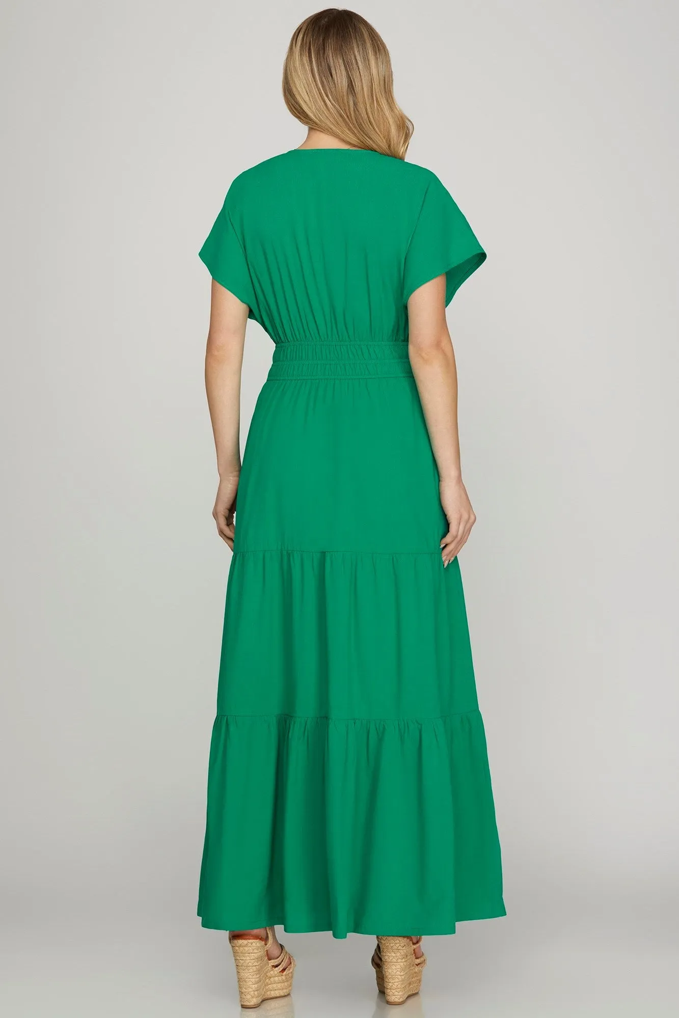 She   Sky Surplice Short Sleeve Tiered Maxi Dress With Pockets