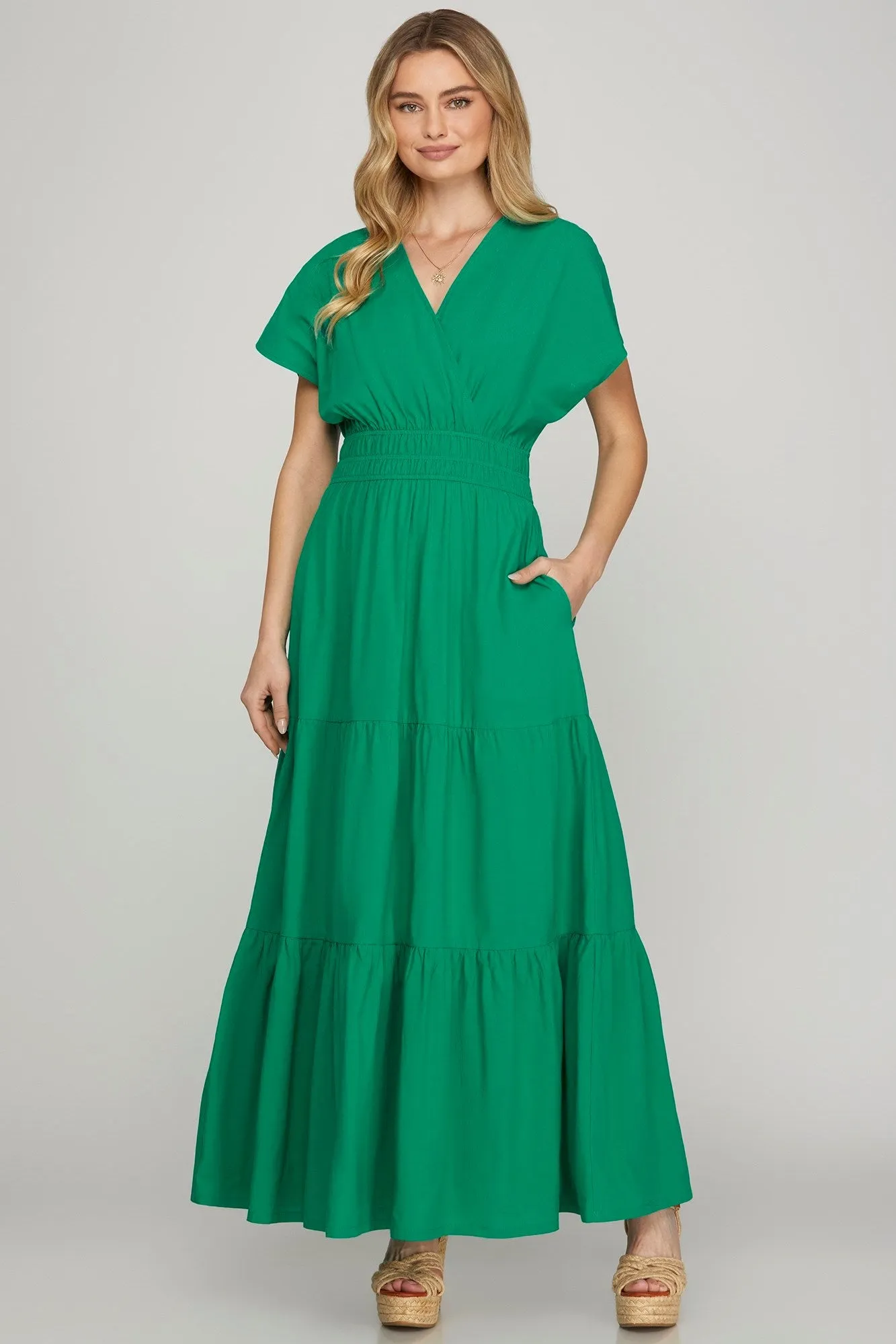 She   Sky Surplice Short Sleeve Tiered Maxi Dress With Pockets