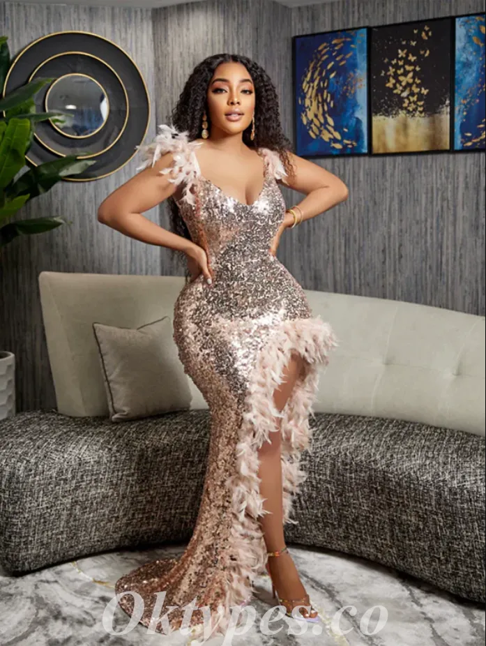 Shiny Sequin Spaghetti Straps V-Neck Sleeveless Side Slit Mermaid Long Prom Dresses With Feather,PDS0692