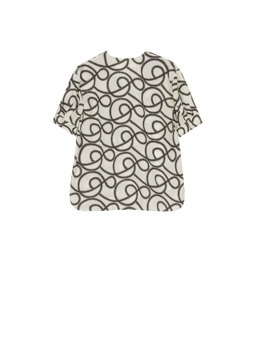 Shirt/JNBY Musical Note Print V-neck Colorblock Short-sleeved Shirt(40% mulberry silk )