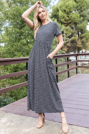 SHORT SLEEVE DITSY FLORAL ELASTIC WAIST MAXI DRESS