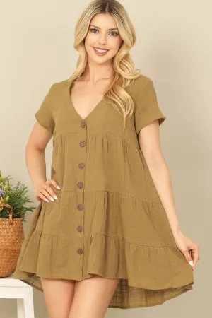 SHORT SLEEVE V-NECK BUTTON DOWN SOLID BABYDOLL DRESS